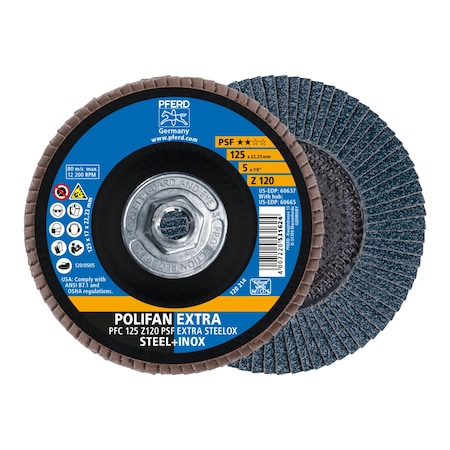 Pferd 5" x 5/8-11 Thd. POLIFAN Flap Disc - Z PSF EXTRA STEELOX, Zirconia, 120 Grit, Conical 60665